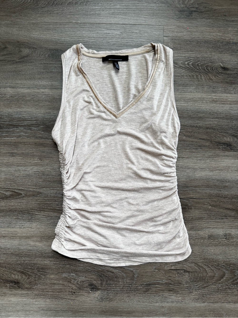 WHBM Sleeveless V-Neck Ruched Tank Top Beige Champagne Satin XS